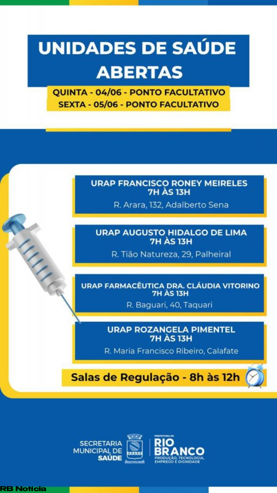 Prefeitura de Rio Branco mantém unidades de saúde abertas durante ponto facultativo de Corpus Christi e sexta-feira