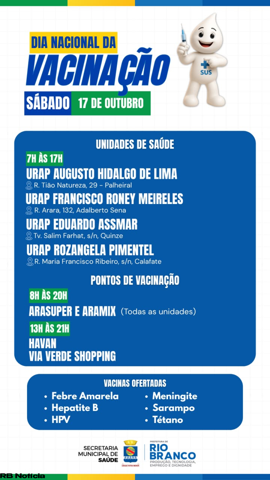 Prefeitura de Rio Branco amplia pontos de vacinação no Dia Nacional da Vacinação