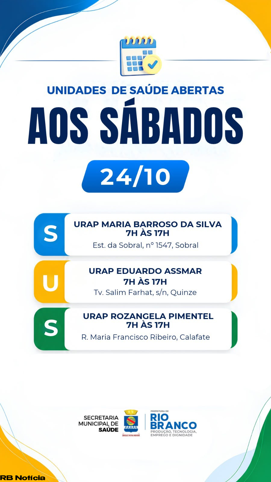 Prefeitura de Rio Branco mantém três unidades de saúde abertas neste sábado, véspera das eleições